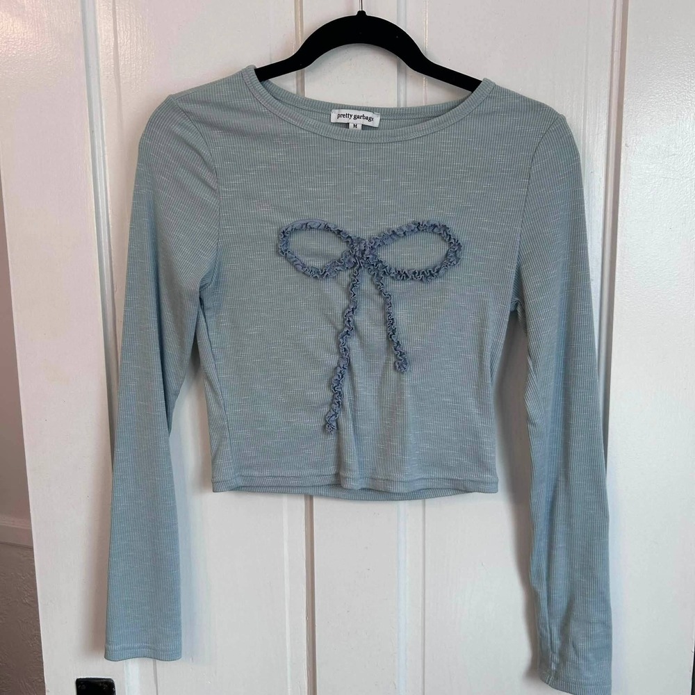 Pretty Garbage Ribbed Crop Top Womens Medium Blue Long Sleeve Ruffle Bow PDT956